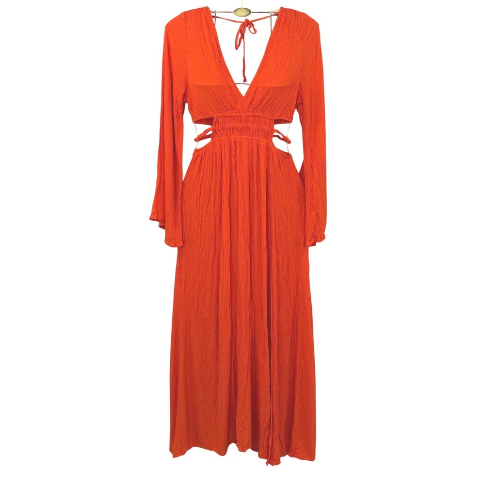 Justify Womens Orange Cut Out Smocked Waist V-Neck Long Sleeve Maxi Dress S